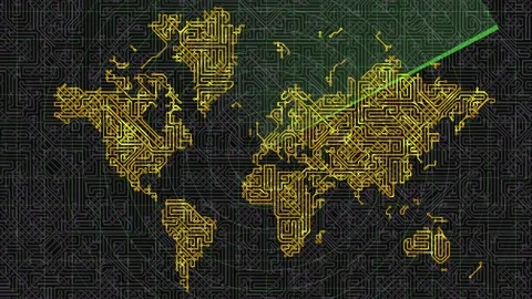 Glowing circuit board world map animation for cyber security and global digital Stock Footage 337155808