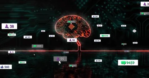 Glowing circuit brain icon pulsing above glossy plane, with neon trunk, hover Stock Illustration