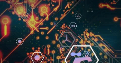 Glowing circuit network pulsing across digital visualization with glowing nodes, Stock Photos