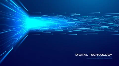 Glowing circuit paths form horizontal data stream Illustrazione stock