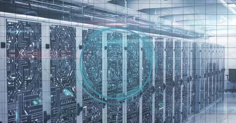 Glowing circuit-patterned server racks lining data center, with glass walls, Stock Photos