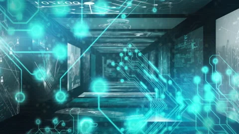 Glowing circuit patterns and abstract technology elements in futuristic digital Stock Footage 305178861