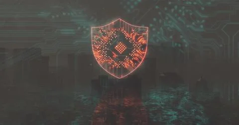 Glowing circuit shield emblem hovering above water in misted city skyline, Stock Photos