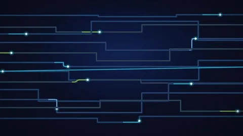Glowing circuit traces with data packets flowing along microchip paths Video stock 346993435