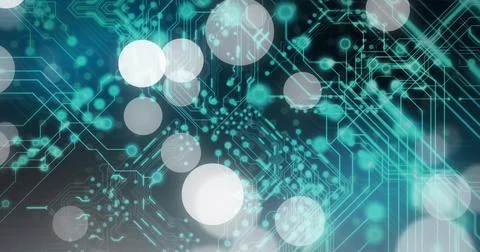 Glowing circuitry network pulsing in studio graphic, showing teal traces, node Stock Illustration