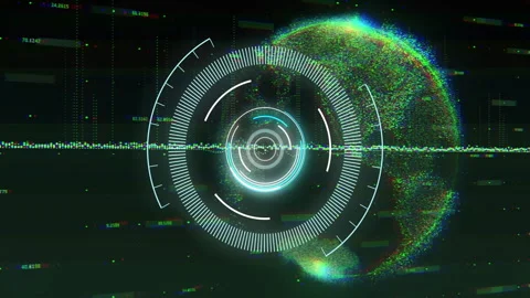 Glowing circular elements in futuristic digital animation over abstract globe Stock Footage 304643996