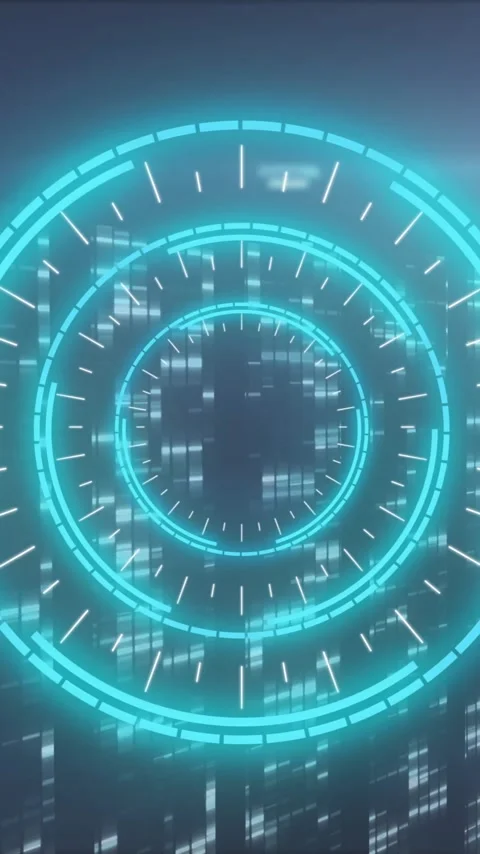 Glowing circular elements in futuristic digital animation over cityscape Stock Footage 319727610