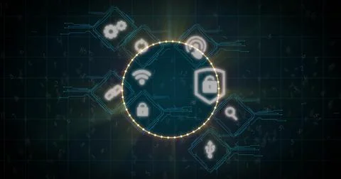 Glowing circular frame of dots scanning network interface on screen, with Stock Photos