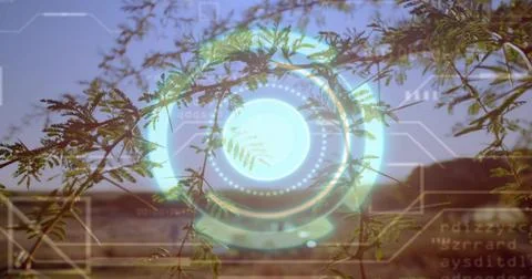 Glowing circular holographic interface hovering over low ridge with pinnate Stock Photos