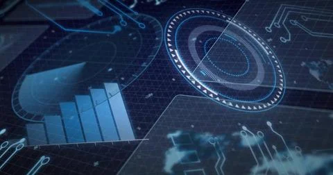 Glowing circular holographic interface pulsing on virtual dashboard, showing bar Stock Illustration