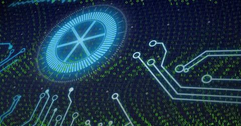 Glowing circular HUD element rotating on grid in digital space, with binary code Stock Photos