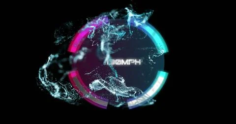 Glowing circular HUD showing neon arcs, concentric rings and particle ribbons Stock Illustration