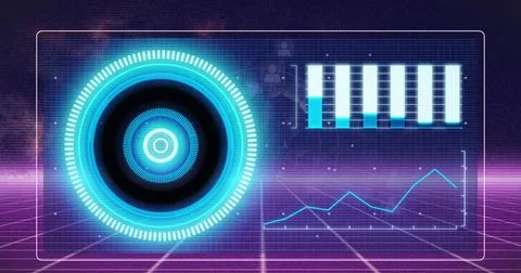 Glowing circular interface occupying left in cyberspace, showing rings, central Photos