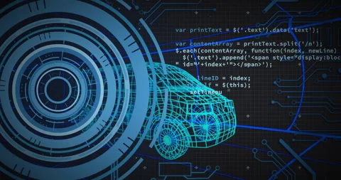 Glowing circular interface rotating triggers code typing on wireframe car Stock Footage 314708288