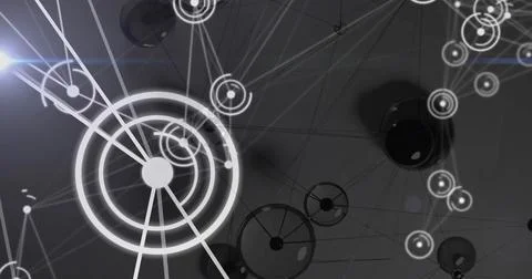 Glowing circular node emitting light in abstract space, with rings, lines and Stock Illustration