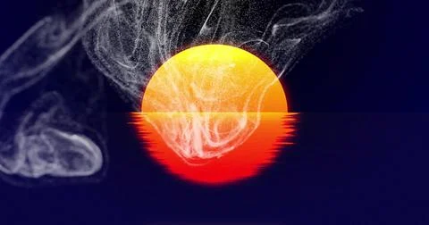 Glowing circular sun half-submerged casting red reflection across calm seascape Stock Illustration
