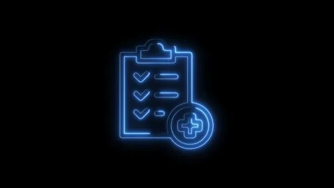 Glowing clipboard icon with check marks and plus sign on black background Stock Footage 322969016
