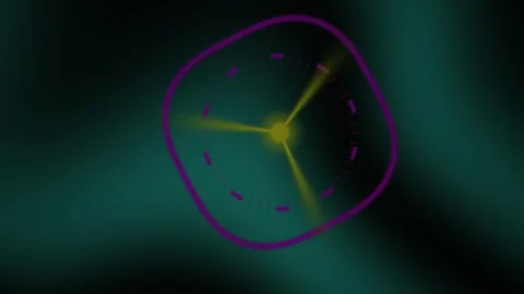 Glowing clock face with yellow hands and purple outline on dark green backg.. Stock Footage 337463132