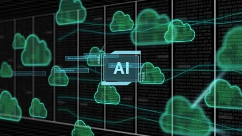 Glowing cloud appearing, central AI receiving queries, routing data into binary Stock Footage 335739374