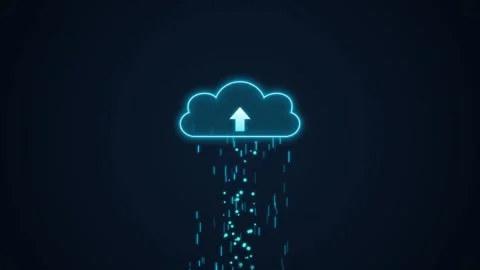 Glowing cloud computing data upload animation, cyan neon cloud icon loop Stock Footage 342574000