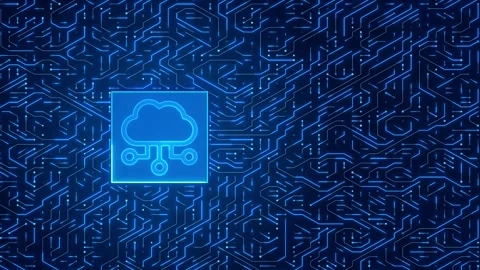 Glowing Cloud Computing Icon on Blue Digital Circuit Board Stock Footage 324896796
