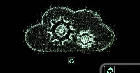 Glowing cloud displaying two gear icons on dark interface, with recycle, Stock Illustration