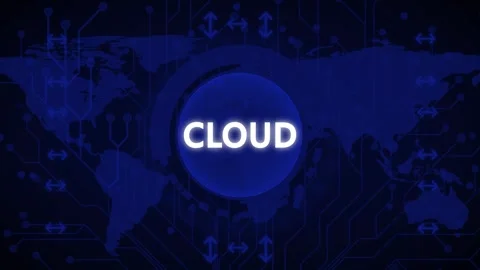 Glowing cloud icon with circuit board interior, above concentric circles, a.. Stock Footage 327758035