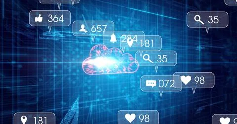Glowing cloud icon emitting blue-pink burst in virtual grid, with notification Stock Illustration