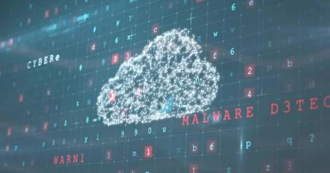 Glowing cloud icon pulsing in security dashboard, featuring code, red, blue 스톡 일러스트