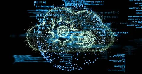 Glowing cloud icon streaming data particles on black canvas, with gear outlines Stock Illustration