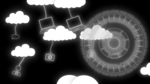 Glowing cloud icons and tech symbols circular futuristic interface element .. Stock Footage 334763838
