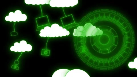 Glowing cloud icons and tech symbols circular futuristic interface element .. Stock Footage 334763852