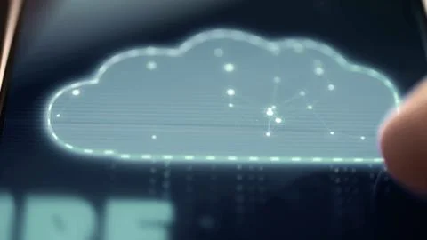 Glowing cloud outline filled with connected points above streaming data lines 库存照片