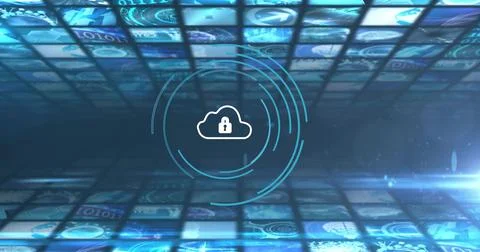 Glowing cloud with padlock floating in data tunnel, showing rings, binary Foto stock