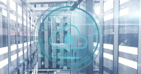 Glowing cloud security icon with padlock hovering over data center aisle, with Stock Photos