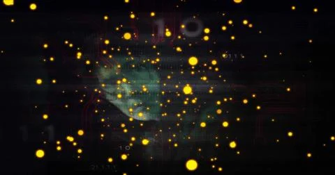 Glowing cluster amber nodes and teal cloud creating depth in dark cyber void, 스톡 일러스트
