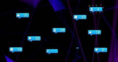 Glowing cluster of blue notification badges floating over dark dashboard, イラスト素材