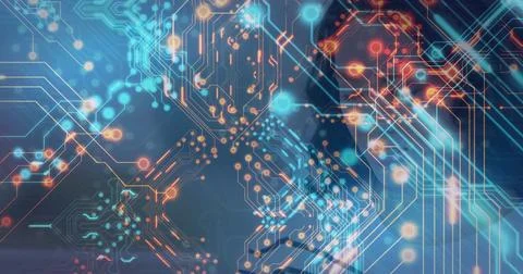 Glowing cluster of circuit traces and nodes streaming in abstract tech scene, Stock Illustration
