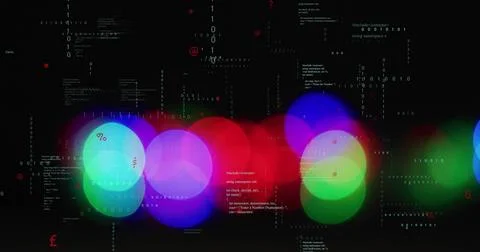 Glowing cluster overlapping colored bokeh orbs on black backdrop, with binary Stock Photos