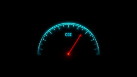 Glowing CO2 meter with needle moving upwards, a climate change indicator, eco Video stock 309409570