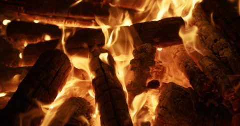 Glowing Coals and Charred Burning Firewood Stock Footage 343537904