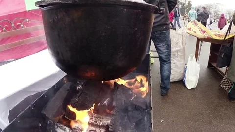 Glowing Coals Warming Iron Cauldron Over Them Stock Footage 74794406