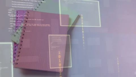 Glowing code-binary overlays appearing over spiral stack, drifting right fading Stock Footage 334744276