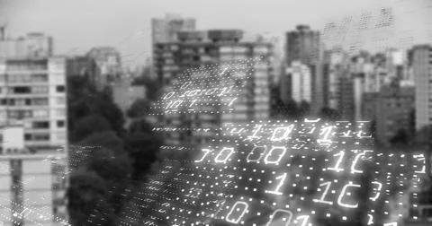 Glowing code matrix crossing centered urban skyline from overhead view, with Illustrazione stock