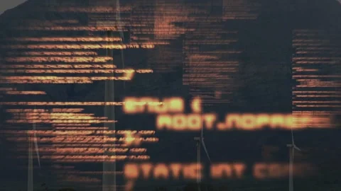 Glowing code overlay appearing over energy turbines at dusk, growing into bright Stock Footage 332843710