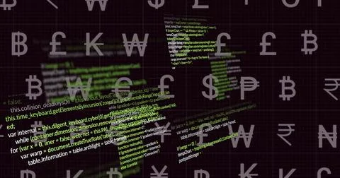 Glowing code panels floating over dark grid, displaying neon code blocks and Illustrazione stock
