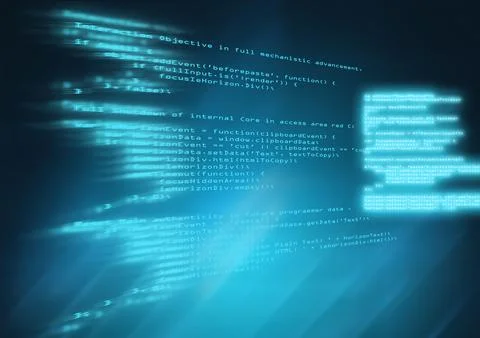 Glowing code snippets floating and radiating in 3D digital interface with 写真素材