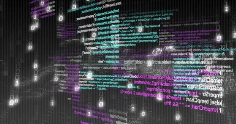 Glowing code snippets floating in cyberspace grid, with binary 0s and 1s and  Stock Illustration