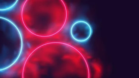 Glowing colored round frames, circular red and blue neon rays in smoke, cyber Illustrazione stock
