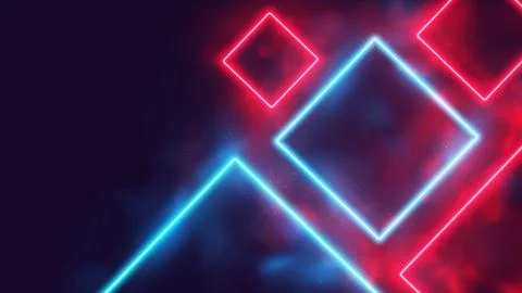 Glowing colored square frames, red and blue neon rays in smoke, cyber backgro Illustrazione stock